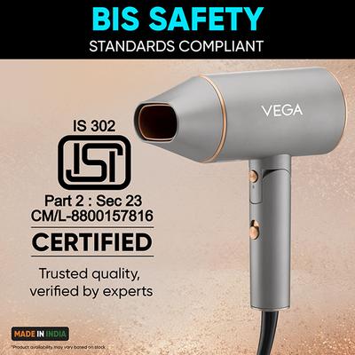 Vega Hair Dryer For Men & Women With Ionic Technology & Cool Shot Button, 1400 Watts, (VHDH-28), Grey 1's - Hair Dryers