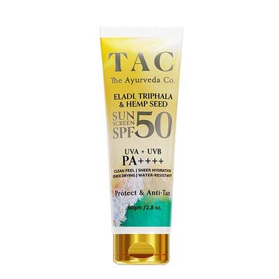 TAC The Ayurveda Co. Eladi, Triphala & Hemp Seed SPF 50 UVA+UVB PA++++ Sun Screen 80 gm (N) - Personal Care (Ayush)