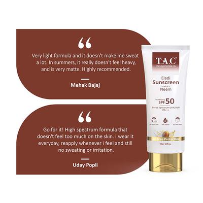TAC - The Ayurveda Co. Sunscreen SPF 50 for UVA & UVB Sun Protection With Eladi, Neem & Aloevera, Quick Drying & Water-Resistant 50 gm - Body Sunscreen