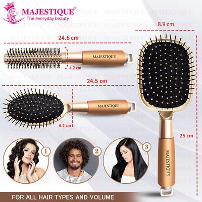 Majestique Paddle Detangling, Oval and Round Hair Brush Set for Blow Drying and Detangler 3's - Hair Brushes