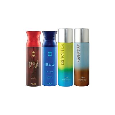 Ajmal 1 Sacred Love, 1 Blu Homme, 1 Distraction And 1 Magnetize Deodorants Pack of 4 200 ml - Deodorants/Roll-Ons