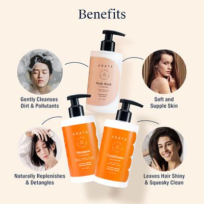 Arata Natural Bath & Hair Care Shower Power Gift Box Cleansing Shampoo (300 Ml), Body Wash (300 Ml), Conditioner (300 Ml) 900 ml - Lotions & Creams
