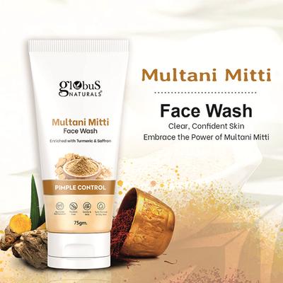 Globus Naturals Multani Mitti Face Wash, Enriched with Turmeric and Saffron, for Pimple Control, Suitable for Oily and Acne Prone Skin, 75gm each 2's - Face Wash & Cleansers