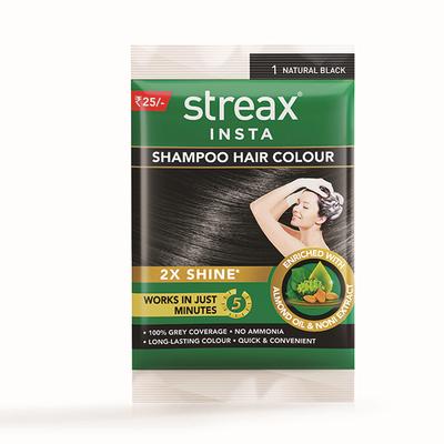Streax Insta Shampoo Hair Colour Enriched With Almond Oil & Noni Extract - 1 Natural Black  18ml - Sachet/Shampoo