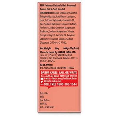 Fem Naturals New Brightening Hair Removal Cream For Dry Skin - Sandal Oil (40 g + 20 g Free) - Hair Removal Cream