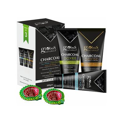 Globus Naturals Diwali Glow Charcoal Trio Kit -Face Wash 100gm, Face Scrub 100gm, Peel-Off Mask 100gm 1's - Makeup Kits & Sets