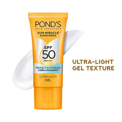 POND’s Sun Miracle SPF 50 PA+++ Ultra Light Gel Sunscreen - Protect & Hydrate, with Cera-Hyamino 50gm - Face Sunscreen
