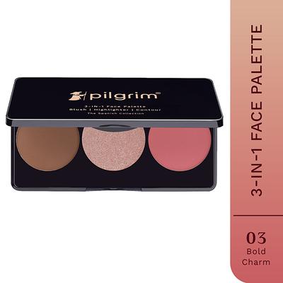 Pilgrim 3-In-1 Face Palette -Bold Charme -Blush, Highlighter & Contour for Deep Skin Tone 12 gm - Blushes