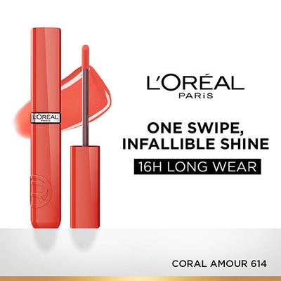Loreal Paris Infallible Laque Resistance Lacquer-Like Shine, 16H Longwear, 614 Coral Amour 4 ml - Liquid Lipsticks