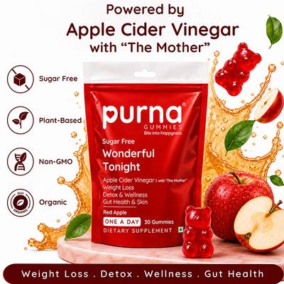 Purna Gummies Sugar Free Apple Cider Vinegar for Adults and Kids Better Digestion and Clear Skin 30's - Apple Cider Vinegar - Acv
