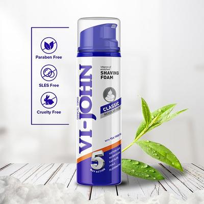 VI-John Classic Regular Skin Vitamin E Enriched 5 Way Action Shaving Foam for Men with Tea Tree Oil 200ml - Shaving Foams