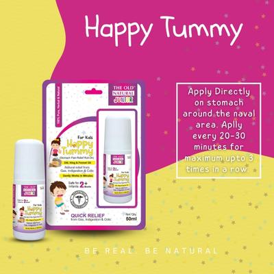 The Old Natural Junior Happy Tummy Stomach Pain Relief Roll On - Dill, Hing & Fennel Oil 50 ml - Pain Relief (Ayush)