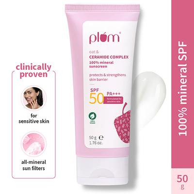 Plum Oat & Ceramide Complex 100% Mineral SPF 50 PA+++ Sunscreen For Sensitive Skin Non-Oily 50 g - Body Sunscreen