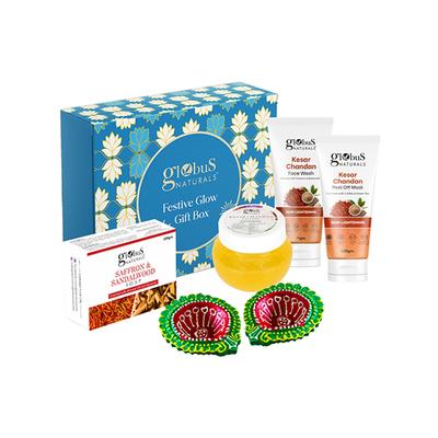 Globus Naturals Kesar Chandan Diwali Glow Gift Box, Face Wash 75gm, Peel Off Mask 100gm, Face Gel 100gm, Saffron and Sandalwood Soap 100gm 1's - Makeup Kits & Sets