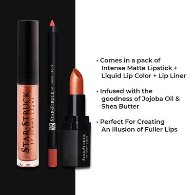 Star Struck by Sunny Leone Stardust Lip Kit Lipstick and Lip Gloss and Lip Liner 3's - Lipsticks
