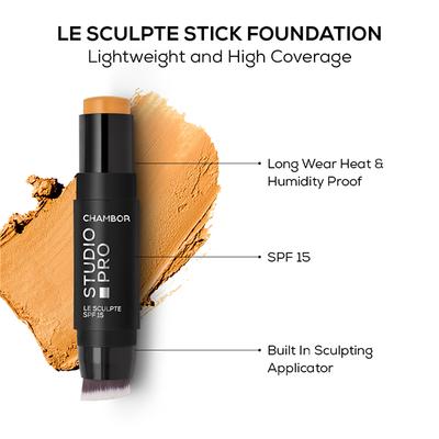 Chambor Stick Foundation, Creamy Matte Finish Neutral Warm -Medium, Makeup Stick with Built-In Applicator Brush, SPF 15, 10 g - Foundation