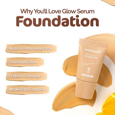 Mamaearth Glow Serum Foundation Mini Tube with Vitamin C & Turmeric for 12-Hour Long Stay- 02 Creme Glow 12-Hour Long Stay, 2X Instant Glow 18 ml - Foundation