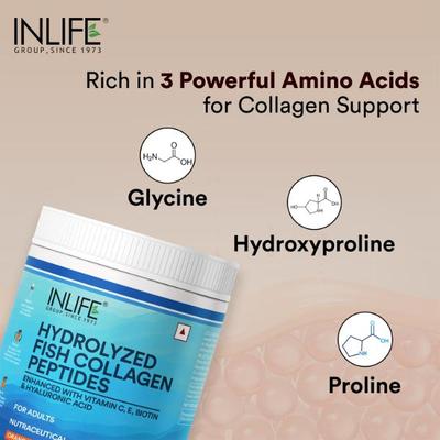 INLIFE Hydrolyzed Fish Collagen Powder - Orange Flavour 200 gm - Hair & Skin