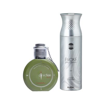 Maryaj Direction West EDP Green Spicy Perfume And Ajmal Evoke Silver Edition Him Deodorant Spicy Floral Fragrance 300 ml - Men Perfumes (Edt/Edp)