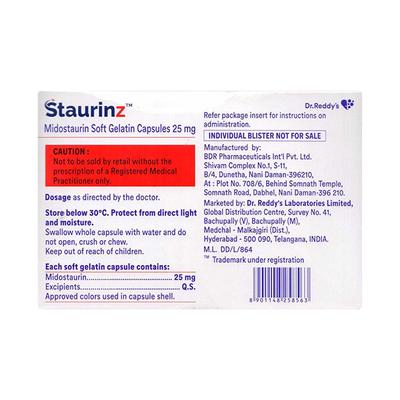 STAURINZ 25mg Soft Gelatin Capsule 28's - Cancer Oncology-Tar