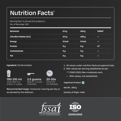 Nutrabay Pure Citrulline Malate Amino Acid Powder - Unflavoured 250 gm - Amino Acids