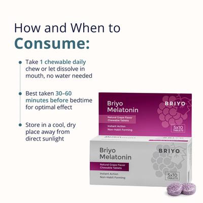 Briyo Melatonin Chewable Tablets - Natural Grape Flavour 50's - Mental Health