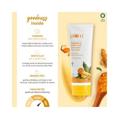 Plum Turmeric White Clay Acne Action Face Wash Fights Acne Controls Excess Oil with Orange Peel 100ml - Face Washes