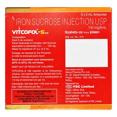 Vitcofol S 100mg Injection 5ml - Anaemia-VMA