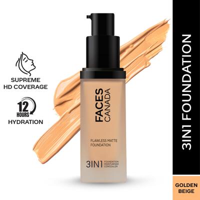 Faces Canada Flawless Matte Foundation - Golden Beige 032, 12 Hr Hydration + SPF 18 30 ml - Foundation