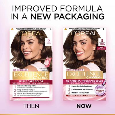 L'Oreal Paris Excellence Creme 5 Light Brown with French Rose Oil Triple Care Color 100gm+72 ml - Crème