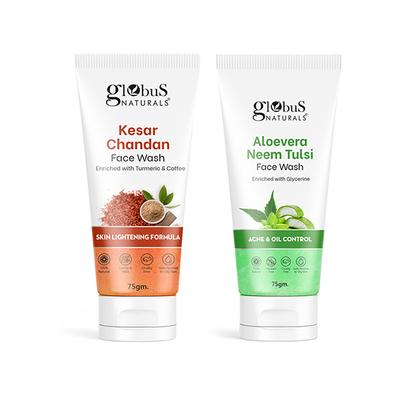 Globus Naturals Acne Face Wash Combo, Aloe Vera Neem Tulsi Face Wash & Kesar Chandan Face Wash, 75gm each 2's - Face Wash & Cleansers