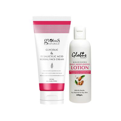 Globus Naturals Silk Touch Body Care Combo Daily Moisturizing Body Lotion and Glycolic Face Cream 200 gm - Creams, Lotions & Oils