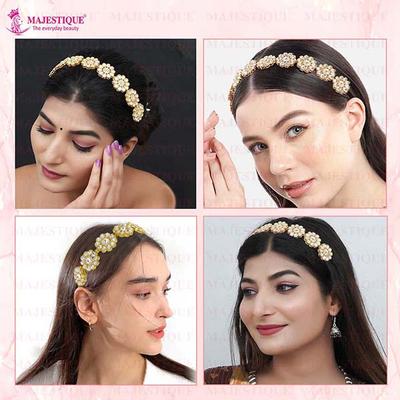 Majestique Gold-Plated Kundan Mathapatti Metal Hairband Ethnic Flower Design For Women 1's - Hair Clips/Bands