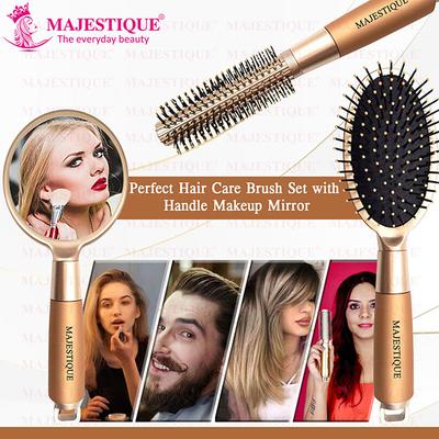 Majestique Round and Oval Cushion Hair Brush Set with Handle Mirror for All Types Style 3's - Hair Brushes