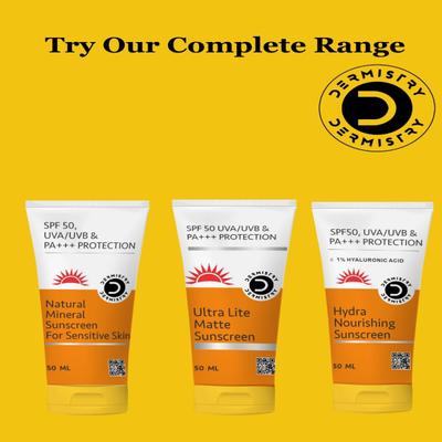 Dermistry 1% Hyaluronic Acid Hydra Nourishing Sunscreen SPF 50 UVA UVB PA+++ Protection 50 ml + Ultra Lite Matte Sunscreen SPF 50 UVA UVB PA+++ Protection 50 ml - Face Sunscreen