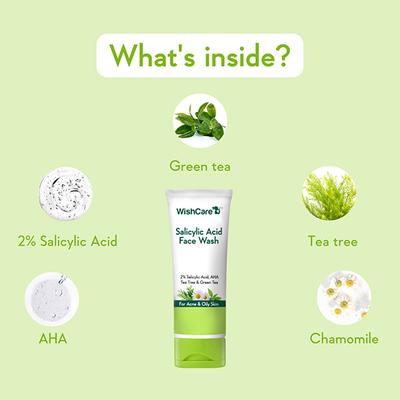 WishCare 2% Salicylic Acid Face Wash with AHA GreenTea Chamomile & TeaTree - For Oil & Acne Control 100 ml - Face Washes