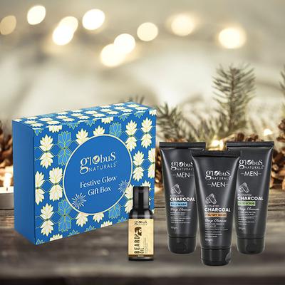 Globus Naturals Glow and Groom Charcoal Box, Box Includes - Charcoal Men Face Wash 100gm, Face Scrub 100gm, Peel Off Mask 100gm, Beard Oil 50ml 1's - Creams, Lotions & Oils