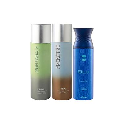 Ajmal Nightingale And Magnetize For Men & Women And Blu Homme Deodorants Pack of 3 200 ml - Deodorants/Roll-Ons