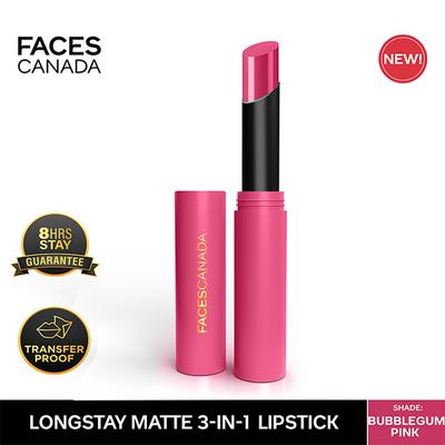 Facescanada Long Stay 3-In-1 Matte Lipstick Primer + Lip Balm Chamomile and Shea Butter Bubble Gum Pink 04, 2gm - Lipsticks