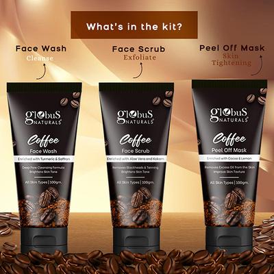 Globus Naturals Diwali Glow Coffee Trio Kit-Face Wash 100gm, Face Scrub 100gm, Peel Off Mask 100gm 1's - Makeup Kits & Sets