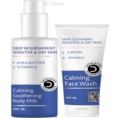 Dermistry Sensitive & Dry Skin Calming Soothening Body Milk Lotion 200 ml + Safe Cleansing Sensitive & Dry Skin Calming Face Wash 100 ml - Face Wash & Cleansers