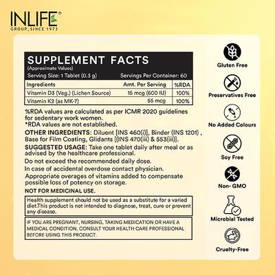 INLIFE Vitamin D3 K2 Veg Tablets 60's - Multi-Vitamins
