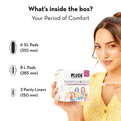Plush 100% Pure US Cotton Pack (8 L Pads + 6 XL Pads + 2 Panty Liner) - Sanitary Napkins