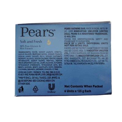 Pears Soft & Fresh 98% Pure Glycerin & Mint Extracts Bathing Bar (Pack 6 x 125 gm) - Soaps