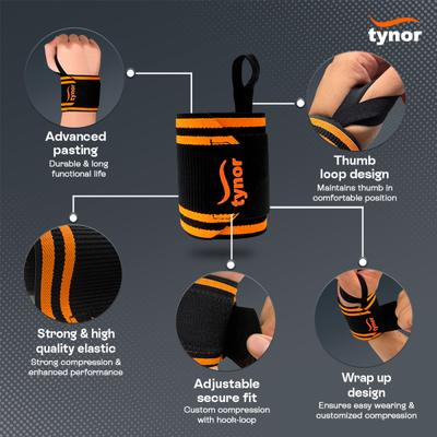 Tynor Wrist Wrap with Thumb Loop (UN) - Black & Orange - Hand/Wrist Supports