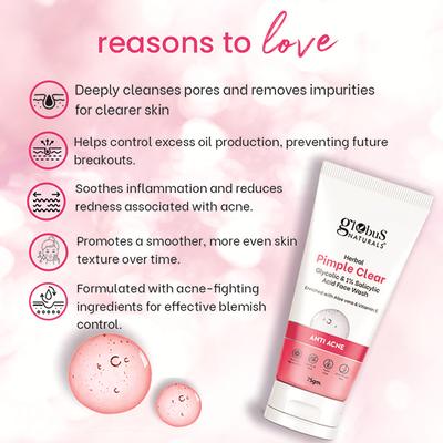 Globus Naturals Herbal Pimple Clear Glycolic and 1% Salicylic Acid Face Wash, 75 gm - Face Wash & Cleansers