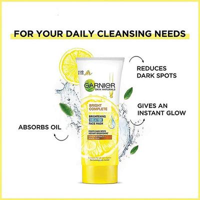 Garnier Bright Complete Brightening Duo Action Face Wash - Lemon Extract + White Clay 100 gm - Face Wash & Cleansers