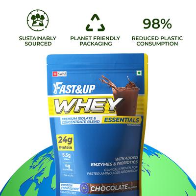 Fast&Up Whey Essentials Premium Isolate & Concentrate Blend - Chocolate Flavour 800 gm - Workout Essentials