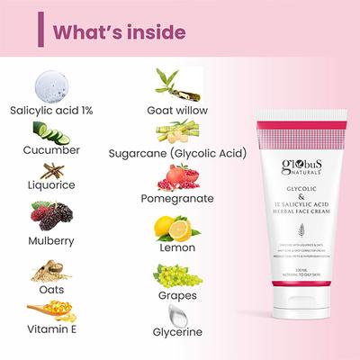 Globus Naturals Glycolic & 1% Salicylic Acid Herbal Anti Acne Face Cream, Liquorice & Oats 100 gm - Face Moisturizers