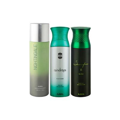 Ajmal 1 Nightingale, 1 Raindrops Femme And 1 Sacrifice II For Him Deodorants Pack of 3 200 ml - Deodorants/Roll-Ons